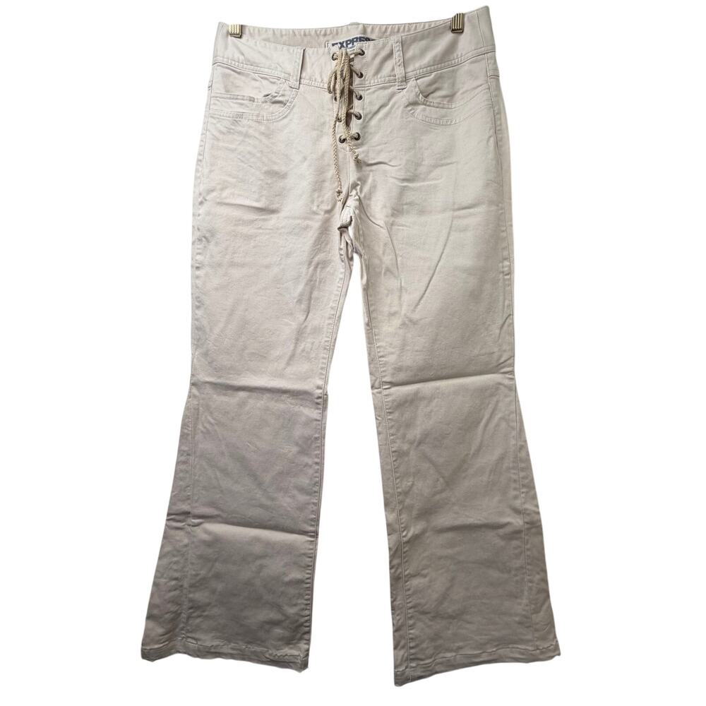 Sz 7/8 Y2K VTG Express Lace Up Flare Tan Khaki Pants Festival Coquette Bratz 00s